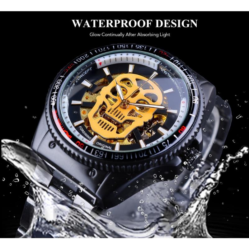 Forsining Men's Fashion Openwork Luminous Waterproof White Skull Mechanical Watch