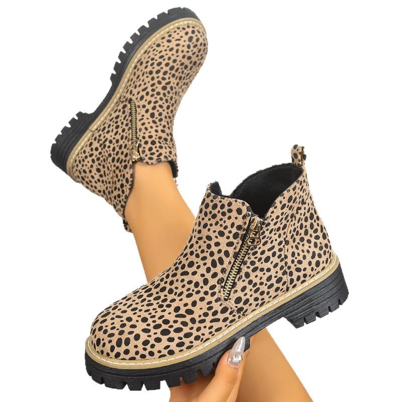 Women's Wide Width Leopard Chelsea Boots, Round Toe Chunky Heel Ankle Boots, European Style Versatile Booties for Women