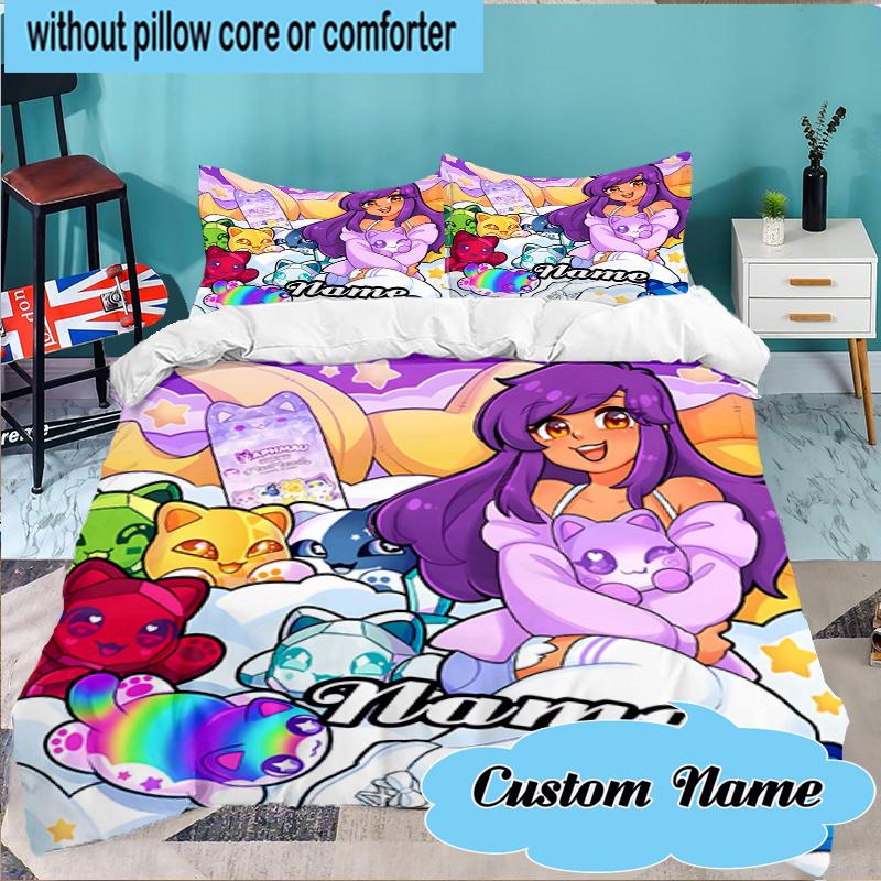Set Biancheria da Letto Personalizzato Nome Arcobaleno Mondo Fantasy di Aphmau 3 Pezzi, Set Biancheria da Letto Include 1 Federa Copripiumino e 2 Federe per Cuscino per Camera da Letto, Regalo per Dormitorio