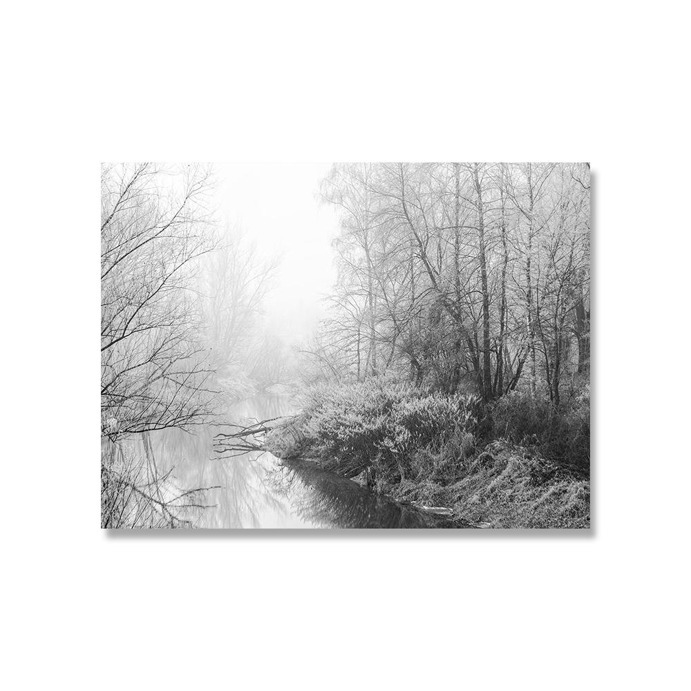Nature Prints Forest Wall Art River Fall Spruce Trees Pine Winter Foggy Forest Landscape Canvas Painting Wall for Home Decor