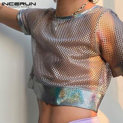Pánské tričko Sexy Průhledná síťovina Patchwork Výstřih do O Krátký rukáv Crops Topy Letní Party Club Neformální tílka Tričko