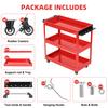 Three Tier Tool Cart 3-Tier Rolling Cart, Metal Heavy Duty Utility with Side Hooks, Mobile Organizer 4 Wheels, Handle, 330lbs Load Capacity