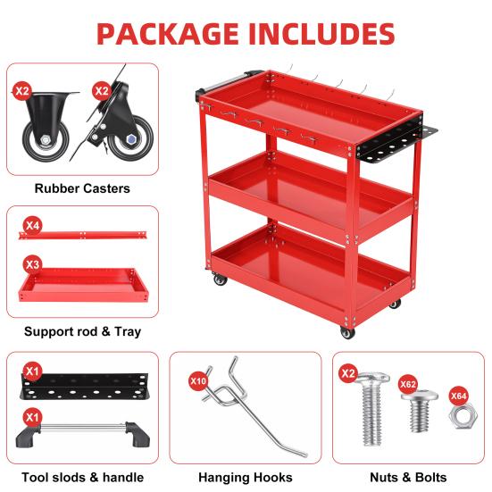 Three Tier Tool Cart 3-Tier Rolling Cart, Metal Heavy Duty Utility with Side Hooks, Mobile Organizer 4 Wheels, Handle, 330lbs Load Capacity