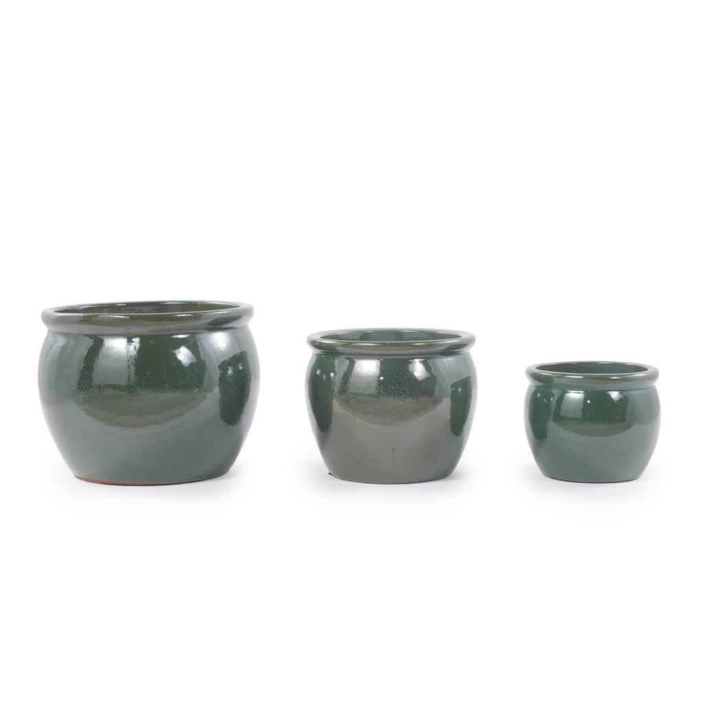 Handmade ceramic plant pot set, 3-piece (Ø 37/30/23 cm), glossy antique blue-green with speckled glaze, frost-resistant, with drainage holes