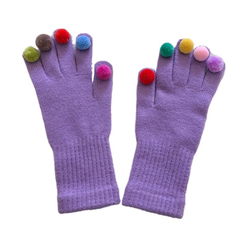 

Knitted Gloves Winter Full Finger Mittens Touchscreen Colorful Pompom Decor Gloves for Kids Teens Christmas Presents фіолетовий
