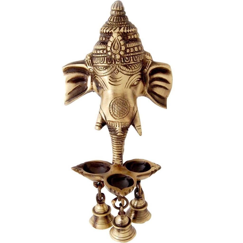 Ganesh Deepak with Bell Brass Wall Hanging (Brown)