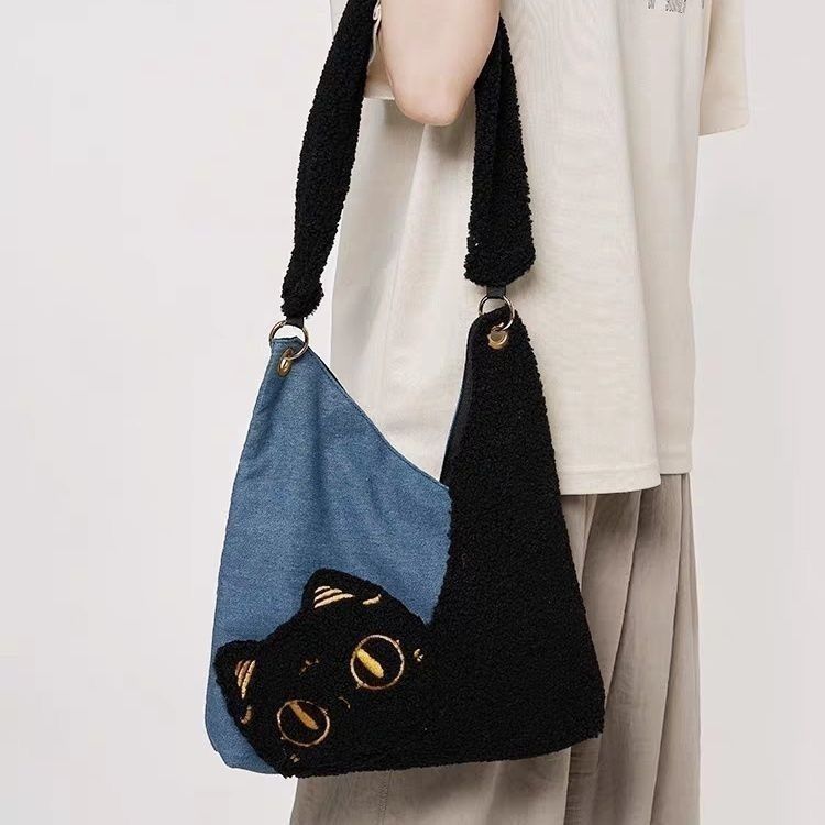 Autumn Winter Women's Bag Lamb Wool Large-capacity Denim Splicing Shoulder Messenger Bag