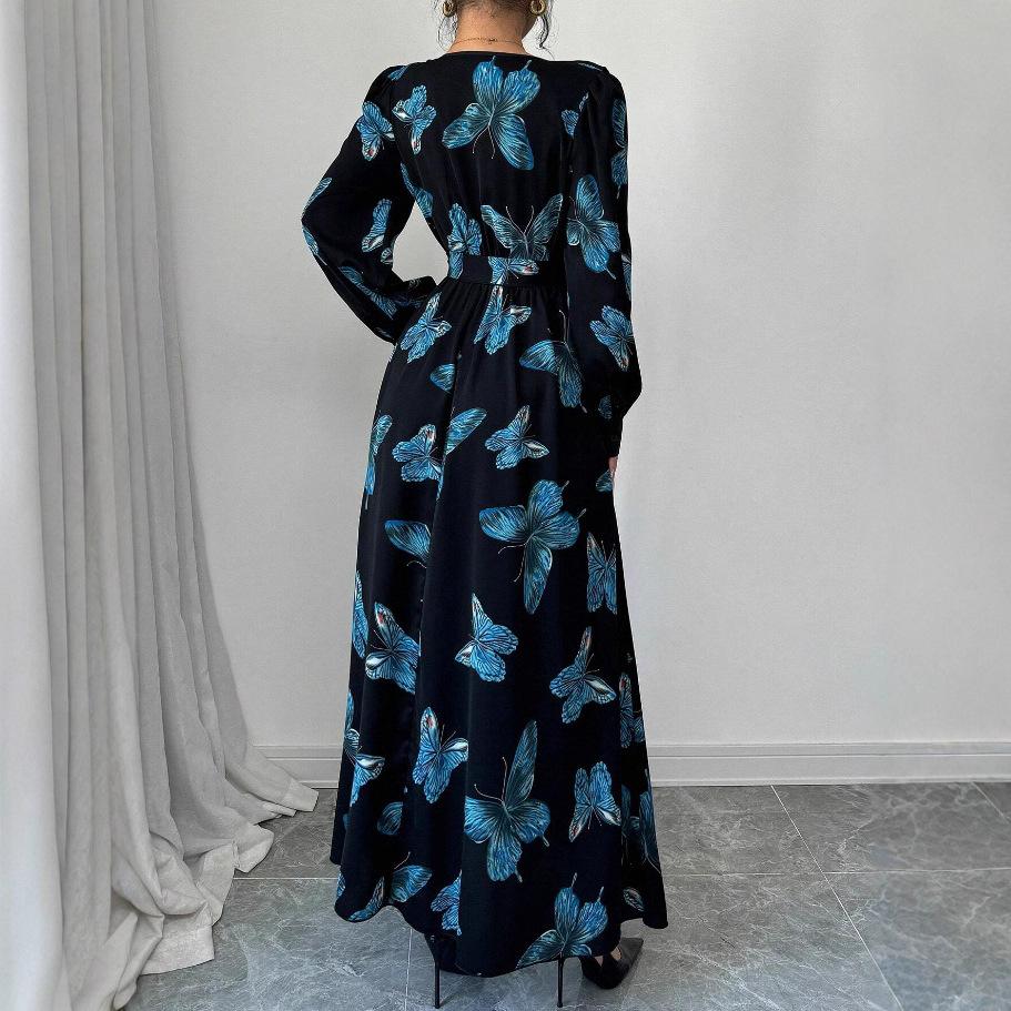 spring autumn women Party Evening Dress Fashion A-Line Casual loose Butterfly print elegant Dresses belt Maxi bodycon dress lady