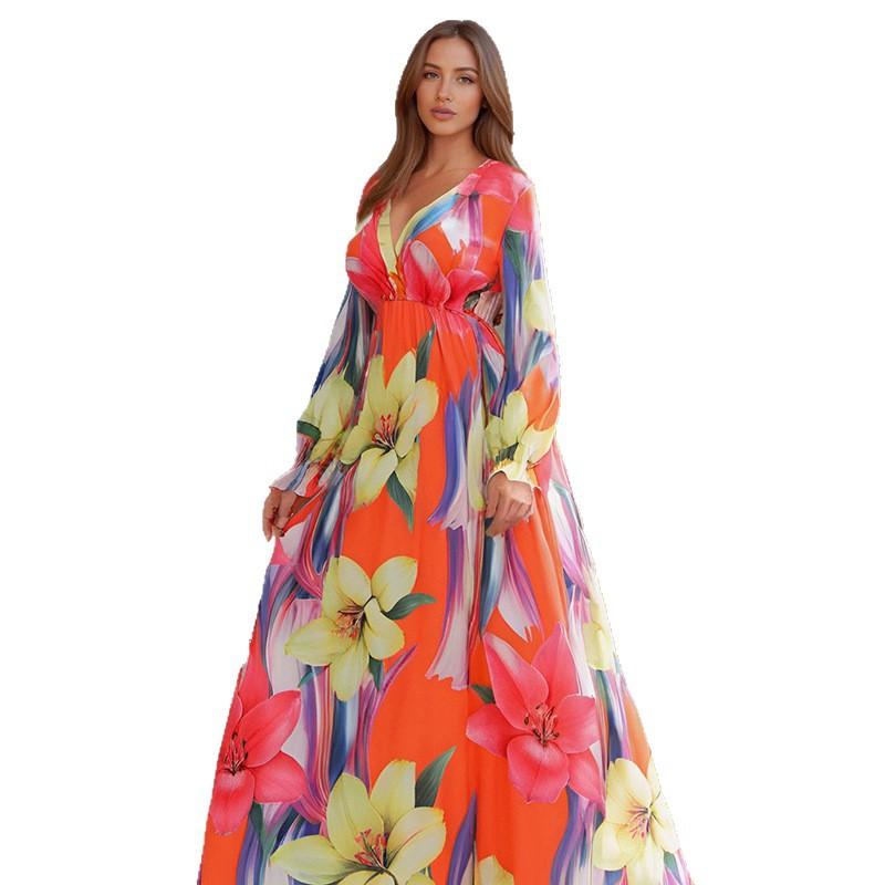 Long-sleeved Dress Colorful Women's Fashion Sexy Printed Large-swing Long Dress