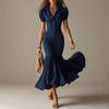 Women's Shirt Collar Short Sleeve Mermaid Hem Dress Dark Blue Stripe
