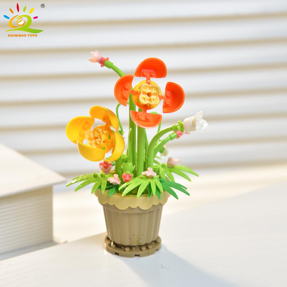 HUIQIBAO MOC Bouquet Potted Plant Micro Building Blocks Eternal Flower Model DIY Home Desk Decoration Brick Toy For Children