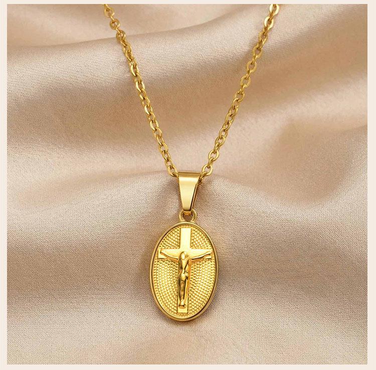Stainless Steel Jesus Cross Oval Pendant Necklace for Women, Anti Tarnish Religious Prayer Communion Jewelry Gift