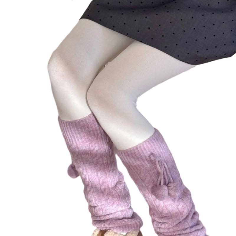 Fashionable Plush Balls Bows Adorned Leg Warmers for Women's Cable Knitted Stretchy Leg Covers Sleeves Calf Socks