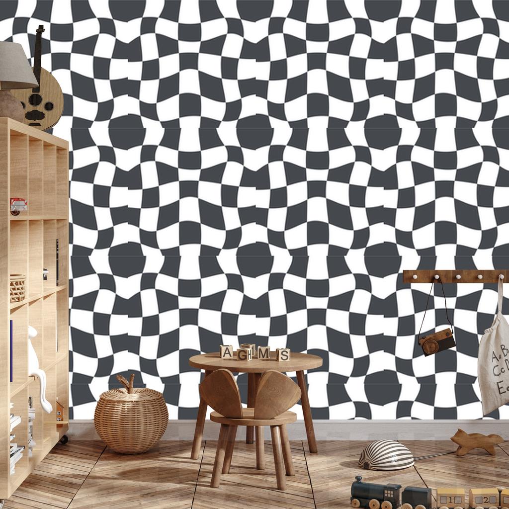 Casual Checkerboard Wallpaper In White and Navy Blue for the Living Room and Bedroom 50x1000