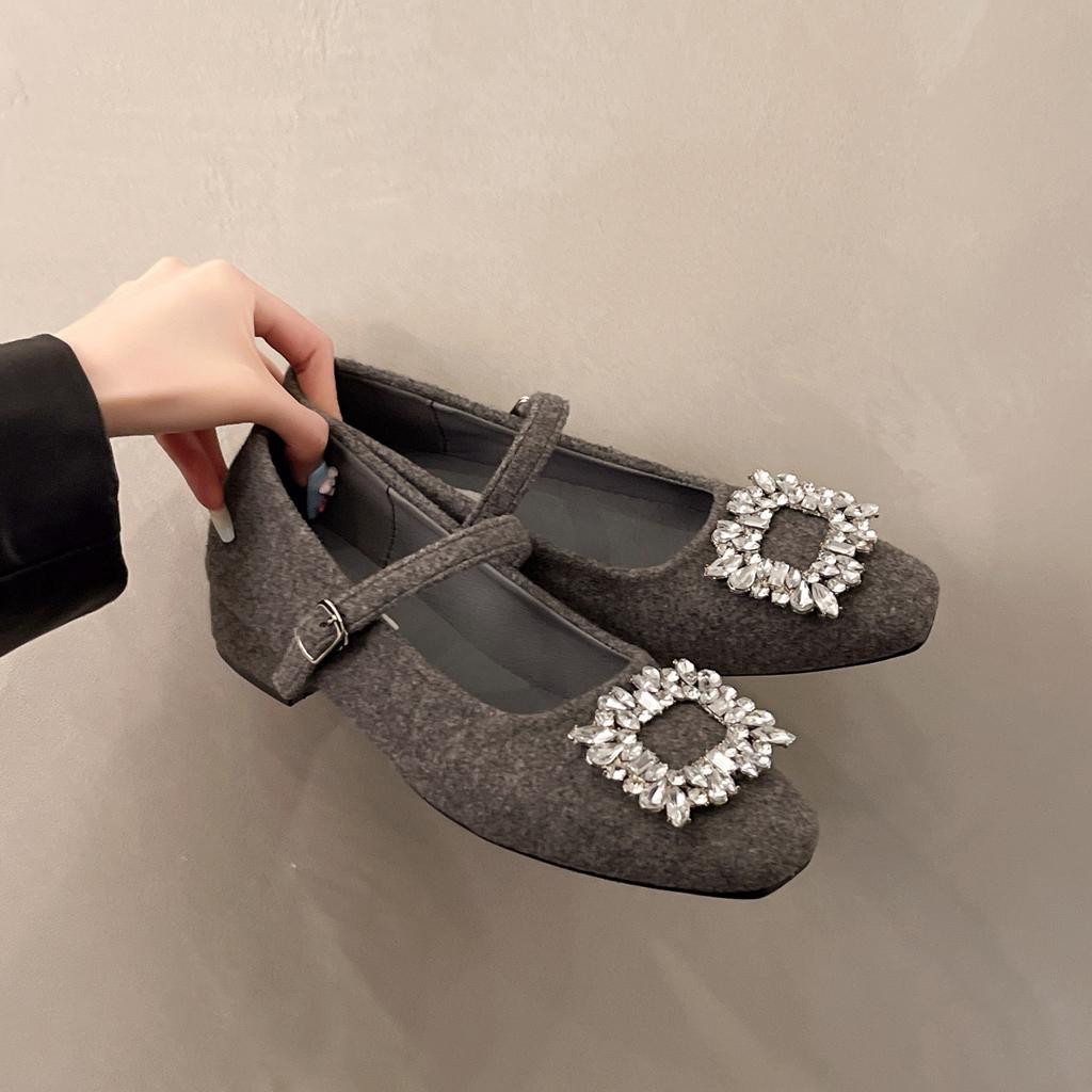 Fashion New Eelgant Rhinestone Women's Heels Square Toe Sexy Pump Chunky Heels Dress Shoes Grey White Mary Jane Single Shoes