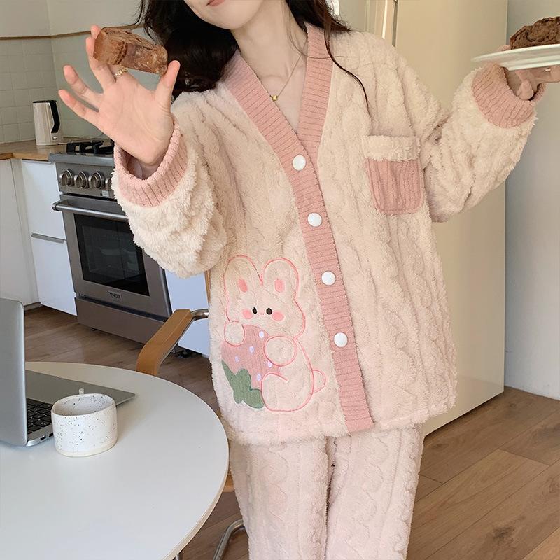 Coral Velvet Pyjama Lady Herbst Winter Extra dicker Samt Lovely Strawberry Rabbit Flanell Homewear Set