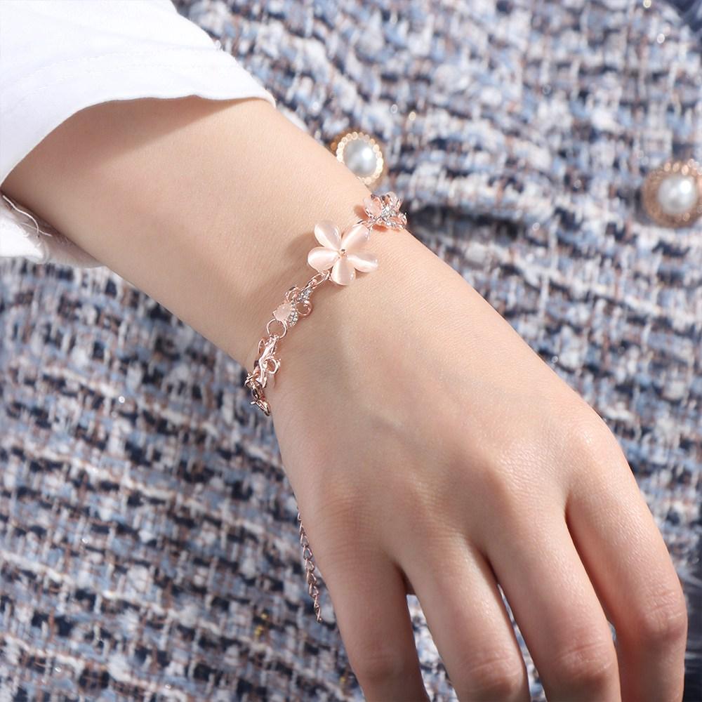 Pink 1 PC Rose Gold Cat's Eye Opal Flower Chian Bracelet Women