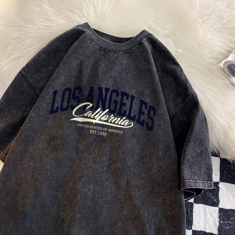 California Est 1850 Los Angeles T-shirt Men Fashion Street Shirt Cotton Retro Washed Short Sleeve Crewneck T-shirts Men