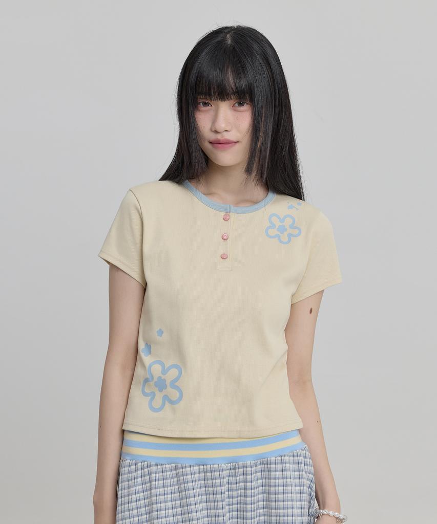 WAIKEI Flower Henley Neck Short Sleeve T-Shirt Lemon