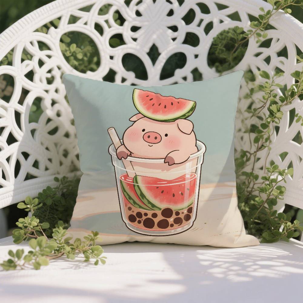 Happy Accompanying Pig Summer Pattern Pillow Case Anti-dustmite Pillowcase Invisible Zipper Silky Short Plush Sofa Cushion Cover
