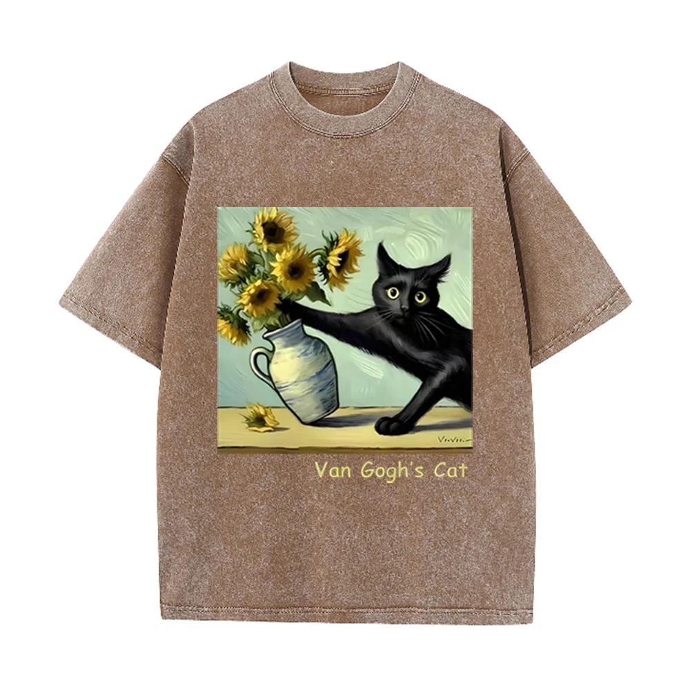 2026 Unisex Van Gogh Cat Art Print T Shirt Cotton Loose Short Sleeve Funny Graphic Harajuku Streetwear Summer Casual Tops