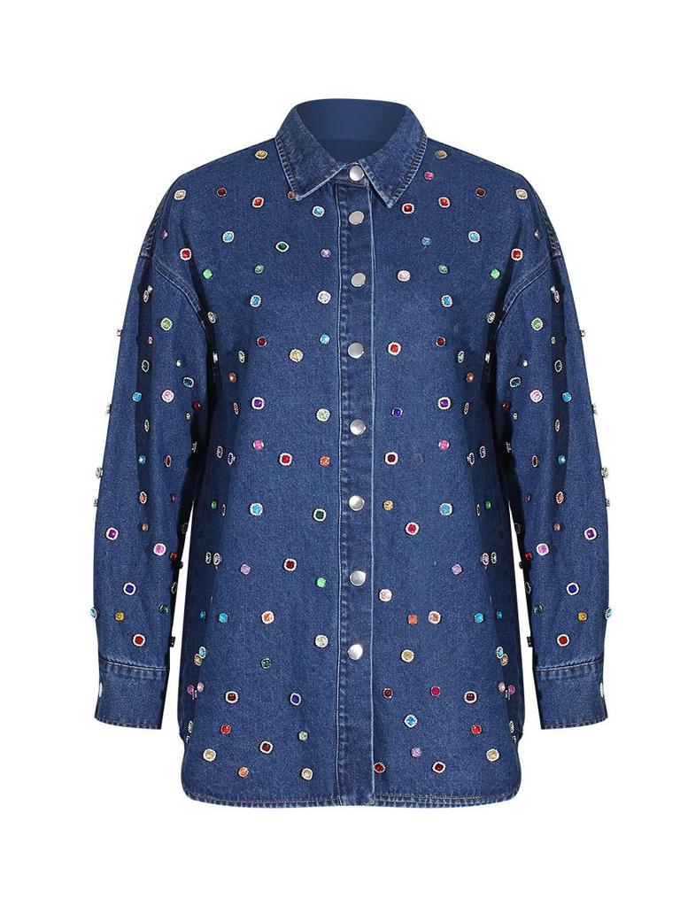 Women's Denim Ensemble: 2025 Beaded Jacket & Trousers Set - Versatile, Loose-Fit Long-Sleeve Cardigan.