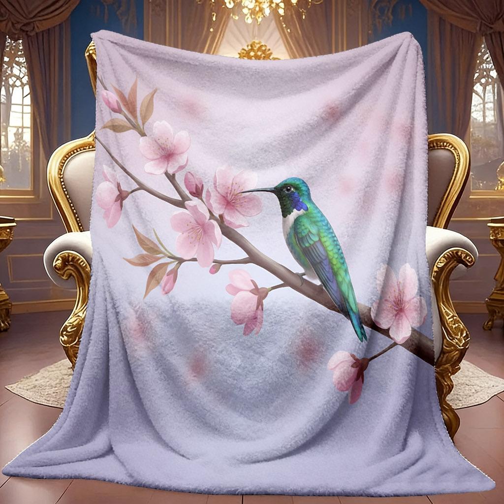1pc 2D Hummingbird And Cherry Blossom Theme Pattern Fleece Blanket, Soft HD Digital Print, Cooling Blanket Suitable for All Seasons! Soft And Breathab