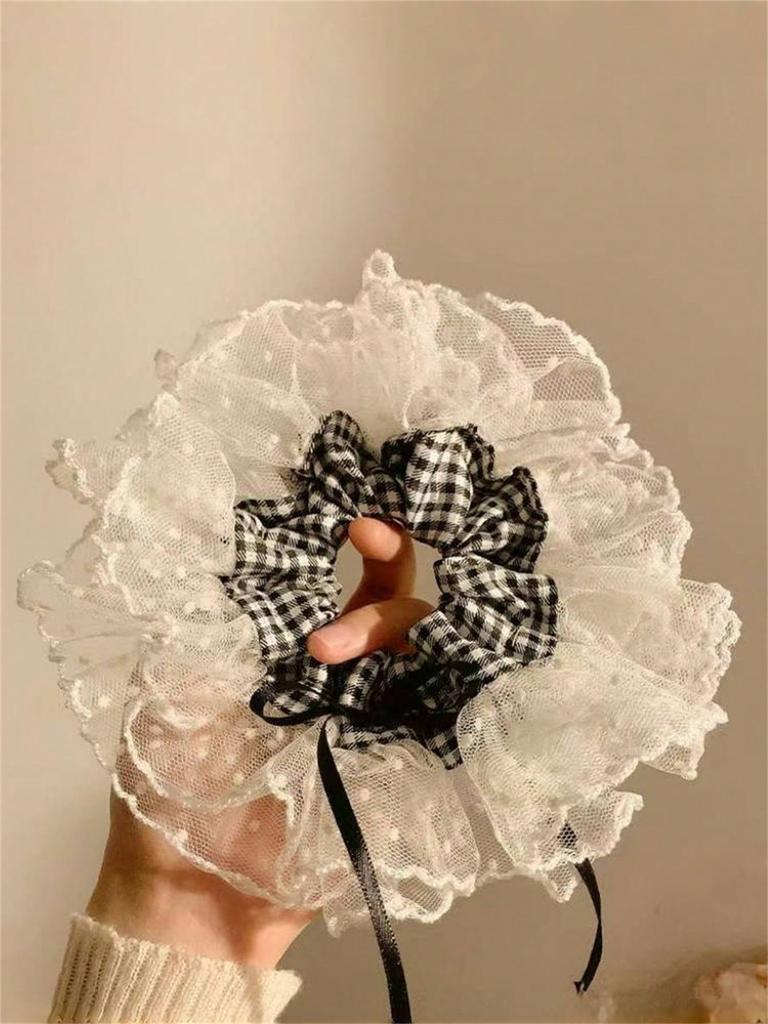 1/2Pcs Vintage Lace Polka Dot Bow Hair Scrunchie For Women,Elegant Bowknot Hair Tie For Ponytail, Bun, French Versatile