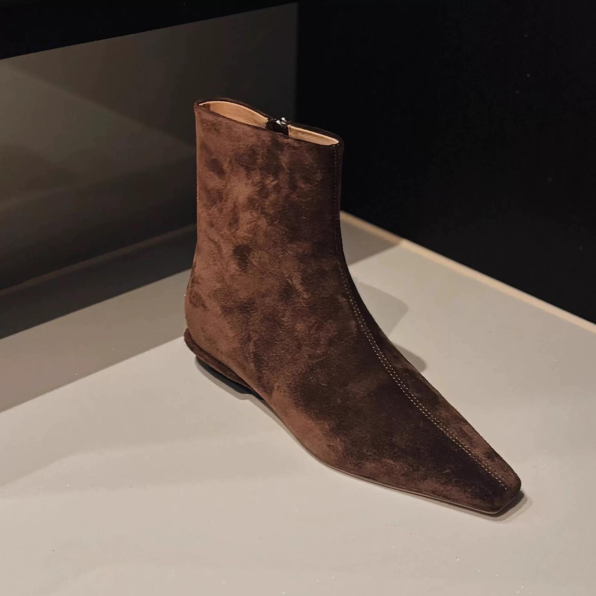 

Версия из овчины~ Французский нишевый минималистичный стиль квадратный носок низкий каблук боковая молния тонкие ботильоны женские 2025 ковбойские сапоги 40 темно-коричневого