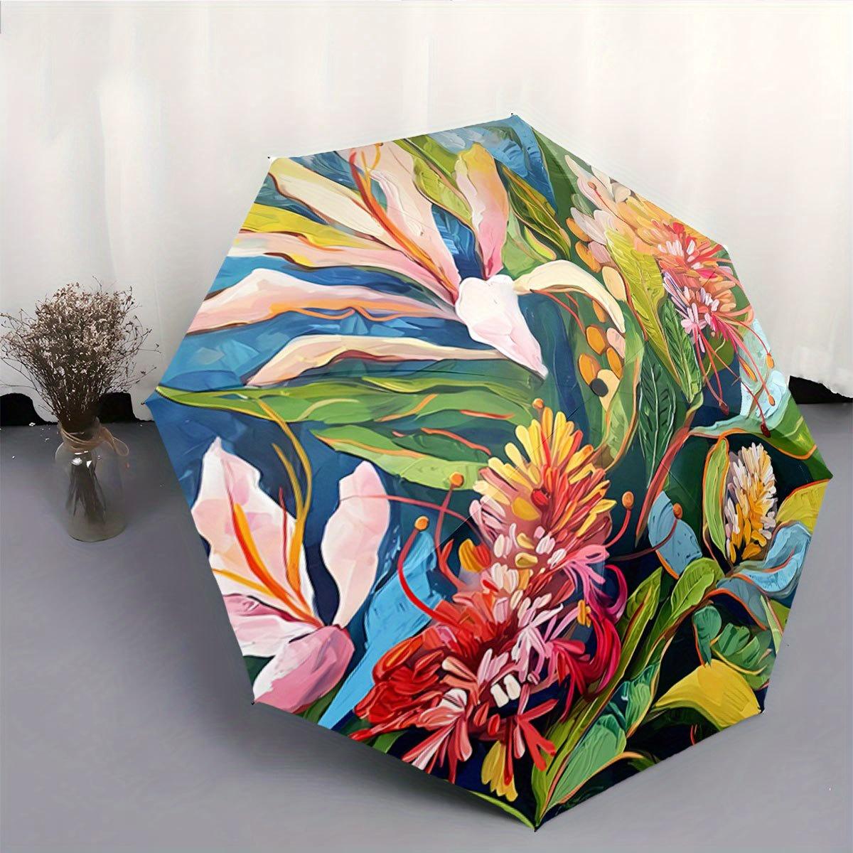 Automatic Open/Close Umbrella with Tropical Floral Pattern - Compact Folding Umbrella, Windproof 8-Rib Shaft, One-Touch Button