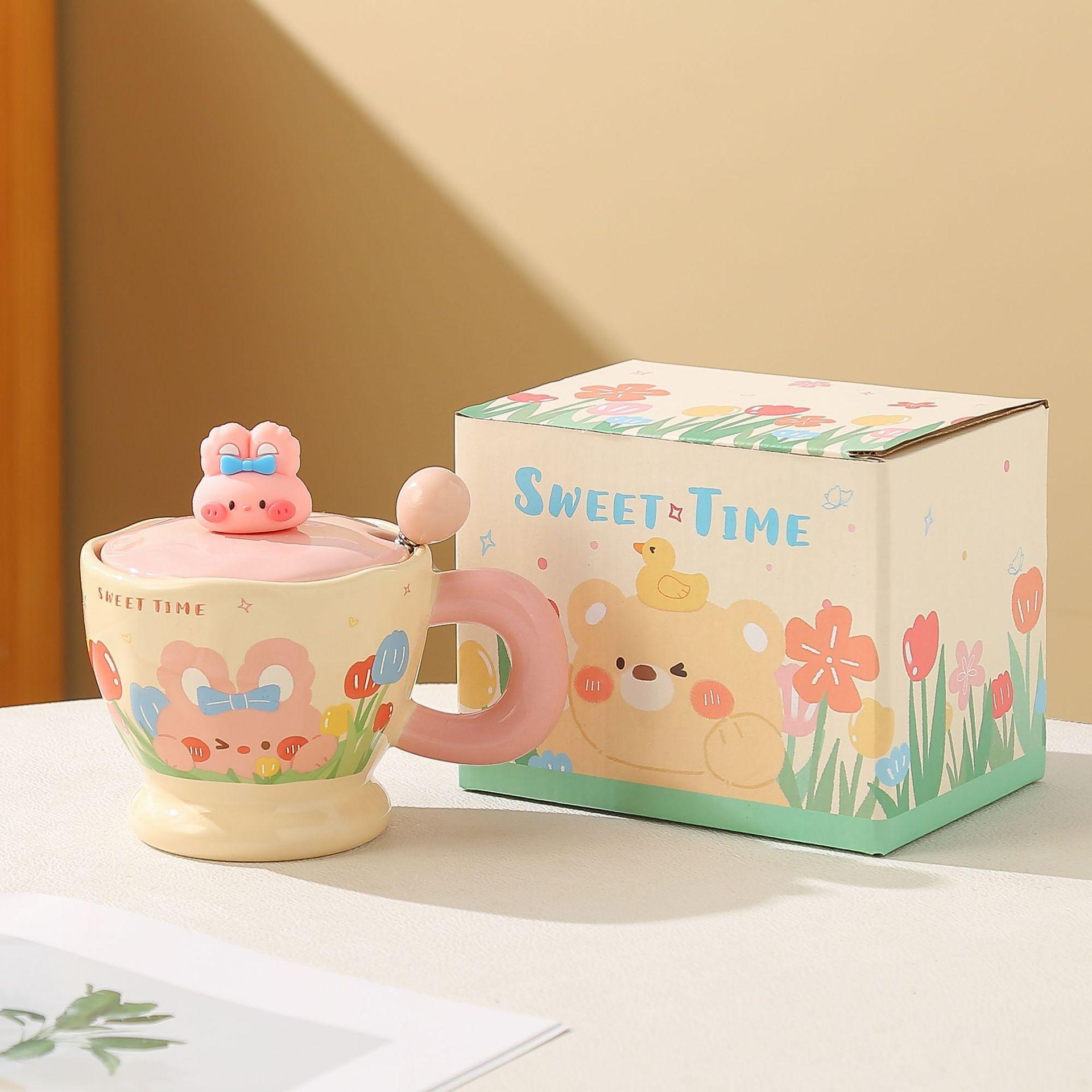 

Cute rabbit mug cartoon bear ceramic cup office home couple water cup with lid spoon girl gift 420ML