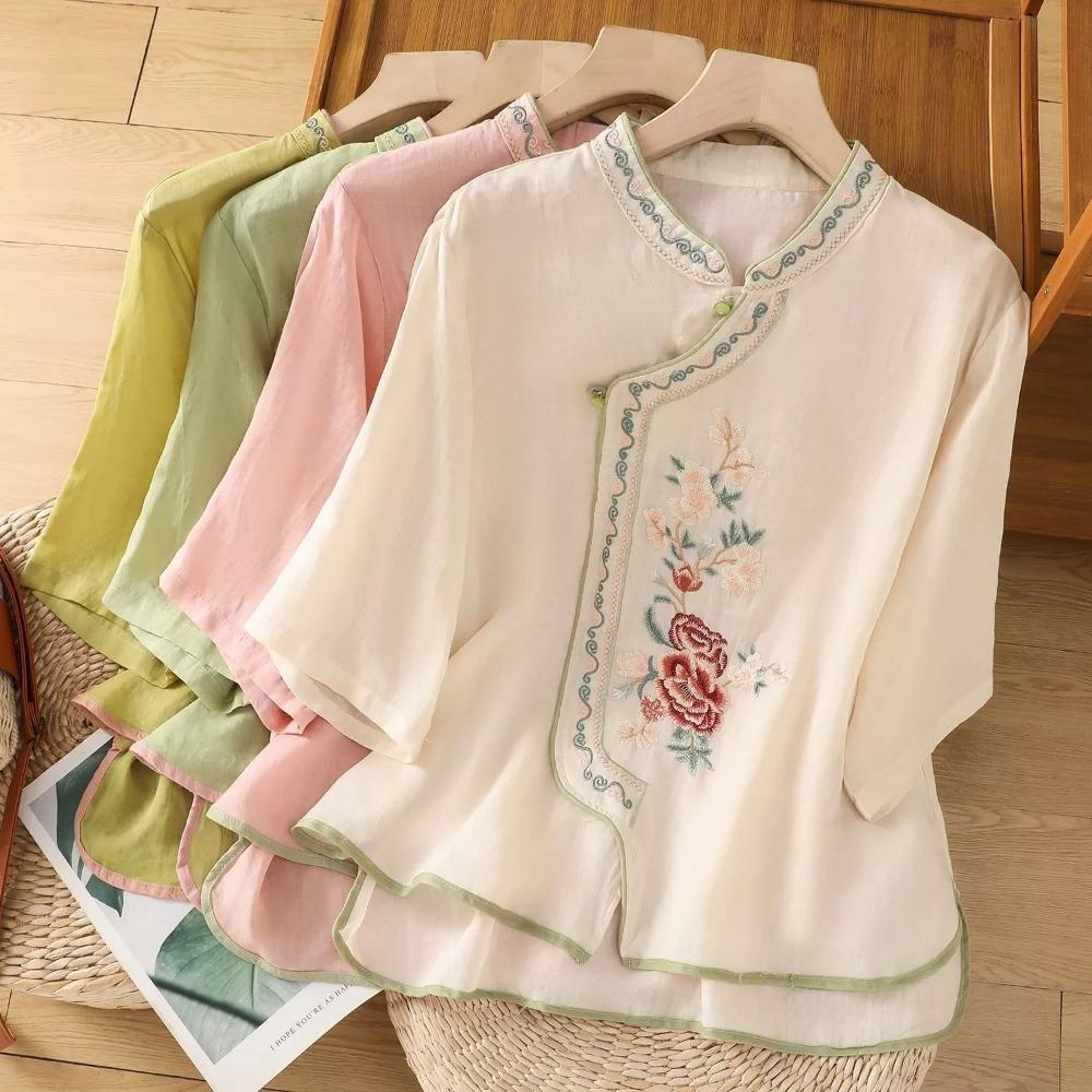 Casual Loose Blouse Shirt Women Clothes Summer Cotton Linen Ladies Tops Tee Blusas Vintage Embroidery Woman Shirt