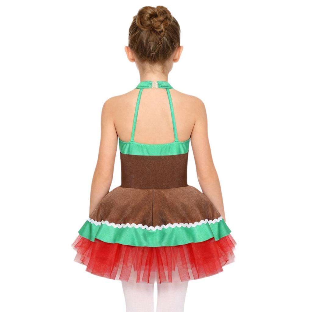 Mädchen Weihnachten Lebkuchenmann Kostüm Ärmelloses Tüllkleid Bodysuit mit offenem Rücken Feiertagsparty Verkleidung
