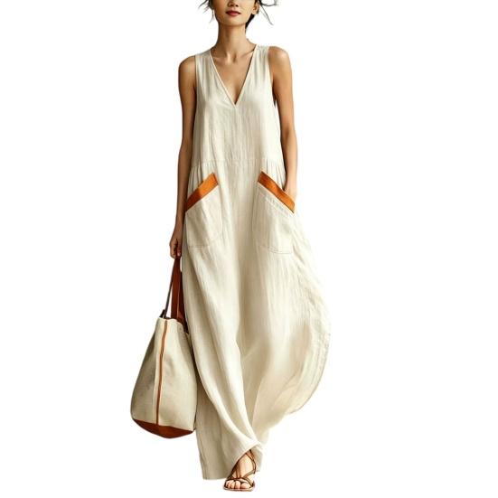 Damen Boho Ärmelloses Maxikleid V-Ausschnitt Fließend S elfenbein