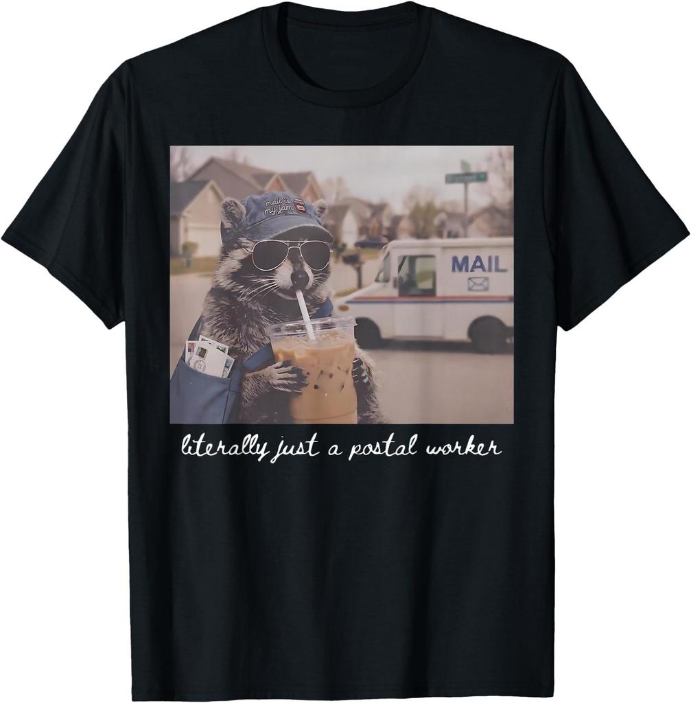 Literally Just a Postal Worker Funny Raccoon Iced Coffee T-Shirt