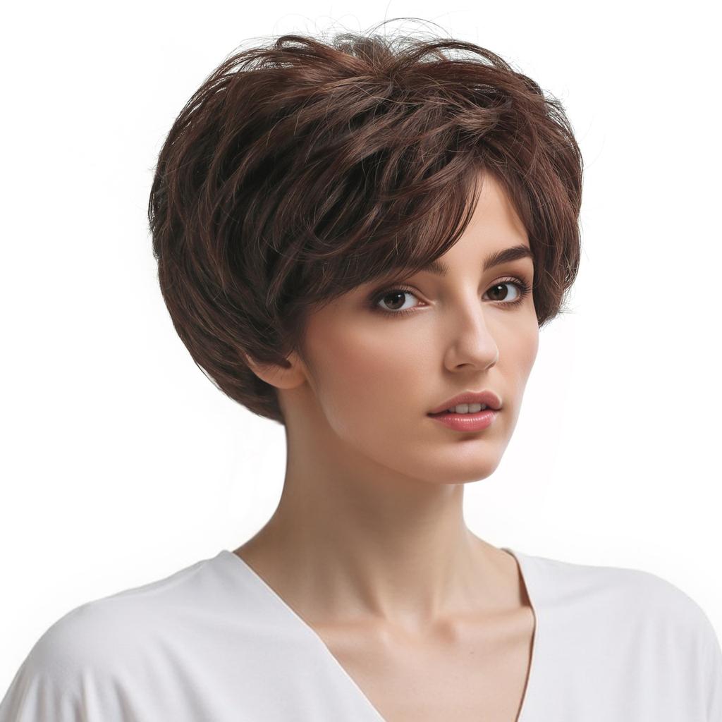 Women Synthetic Short Brown Hair with Bangs Natural Wave Layered Wigs For Daily Cosplay Heat Resistant Fiber
