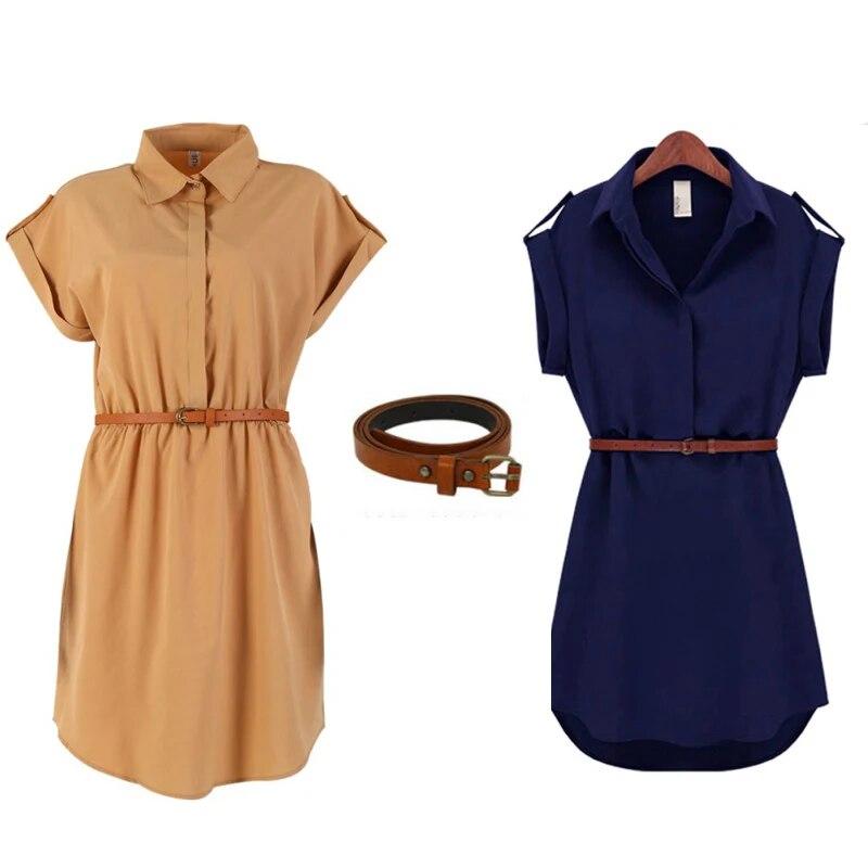 Abito da donna a-line in chiffon, moda casual, manica corta, abito OL con abiti a cintura