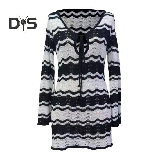 Women's Swimwear Cover-Up Striped Crochet Hollow Out Mesh Beach Dress V-Neck Tie Front Long Sleeve Summer Bathing Suit for Beach Vacation