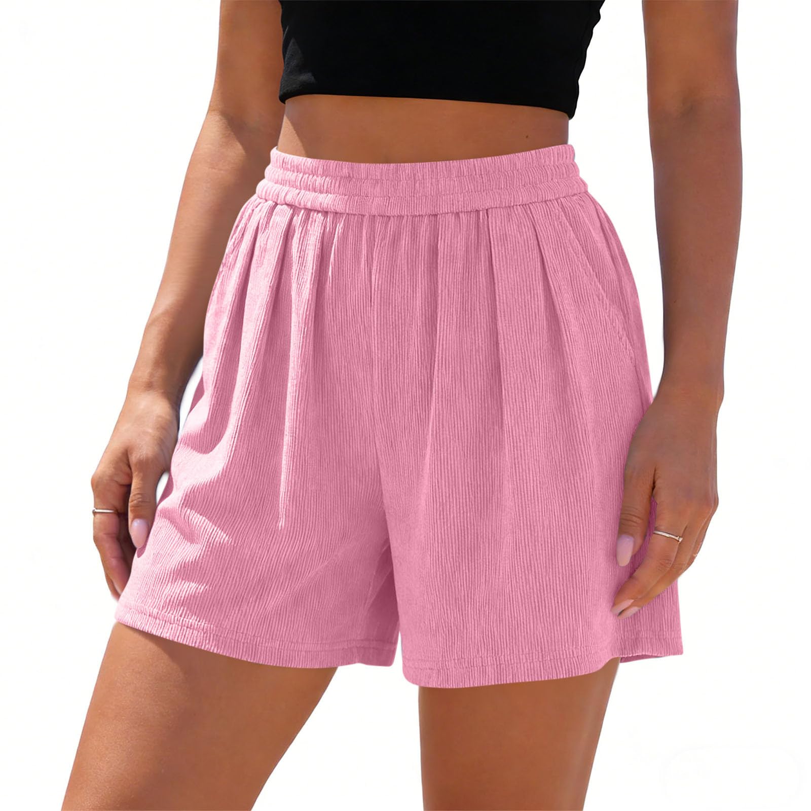 

Ladies Color Loose Linen Casual Pocket High Waisted Beach Shorts XXL рожевий