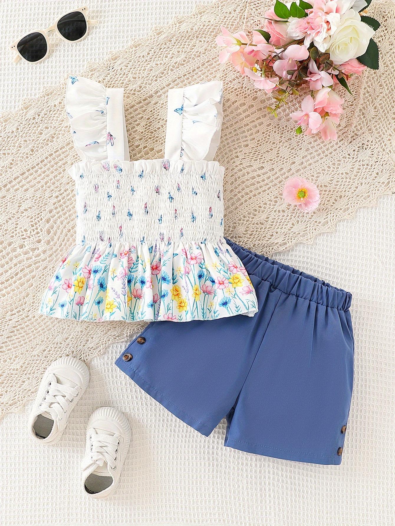 

Girls Summer Beach Set 4-7Y Red Flower Print Camisole Top and Solid Color Shorts 2 Piece Outfit 4Y синий