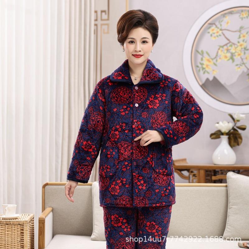 Winter padded pajamas three-layer thickened coral fleece loungewear women's plus size pajamas set