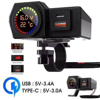 12-24V Motorcycle Electric Mobile Phone Charger Dual USB Charging Waterproof Switch Integrated Handlebar Mount With Temperature Voltage Display