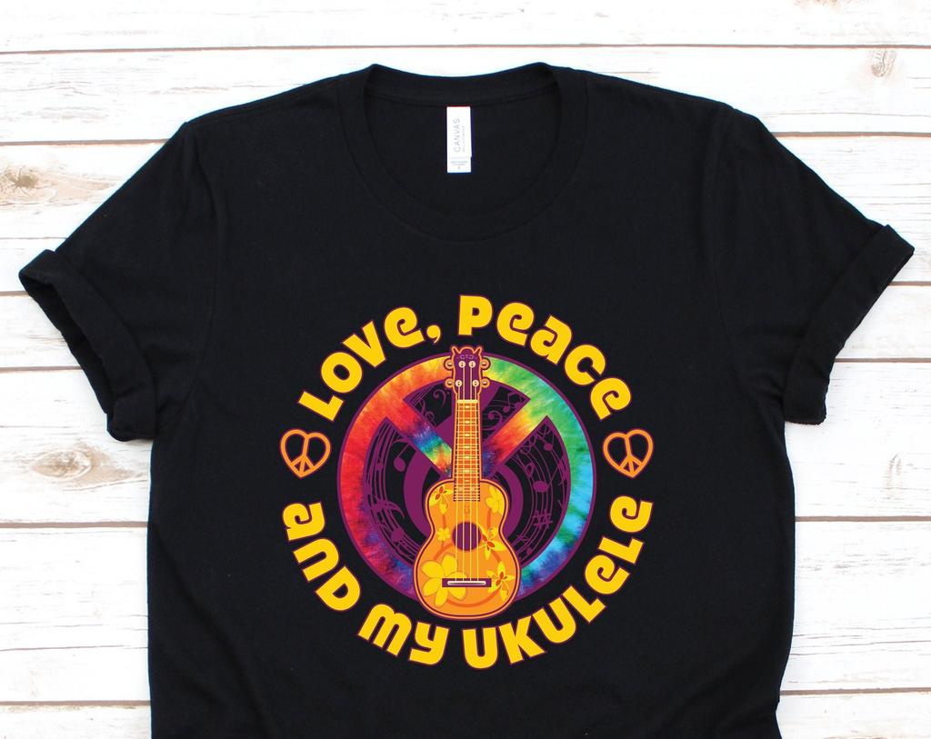 Hippie Vintage Retro Disco Kostym Fest Festival Ukulele T-shirt, Zigenarsjäl T-shirts, Kärlek Fred, Hippie Gåvor, Födelsedagspresent, Rese T-shirts,
