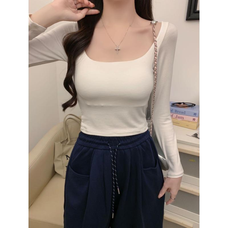 Clavicular-bone Cotton Autumn New Long Sleeve Pure Desire for Simple Style Slimming All Wear Outside Wear Inside Long Sleeve Base Shirt