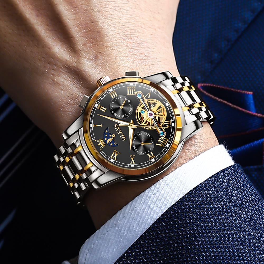 OLEVS Mechanical Automatic Moon Phase Watch Stylish Skeleton Waterproof Popular Luminous Watch for Men
