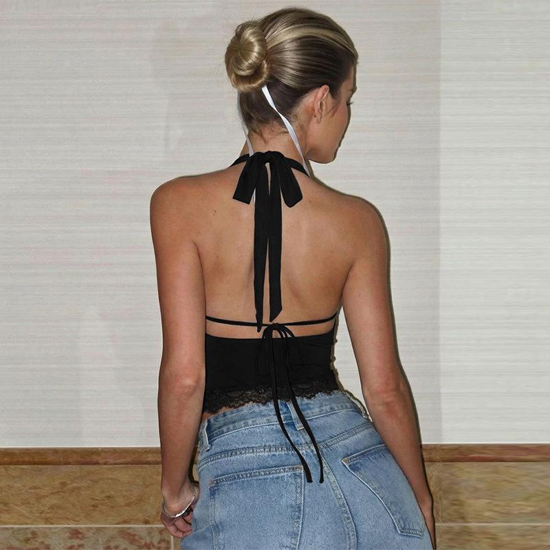 Women's Sexy Milk Silk Patchwork Halter Tank Top with Lace-up Neck