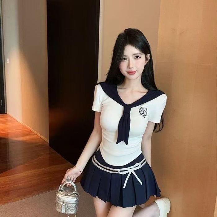 

Women s Sailor Collar Embroidered T-Shirt & High-Waisted Pleated Skirt Set - Summer Short-Sleeve Style Medium
