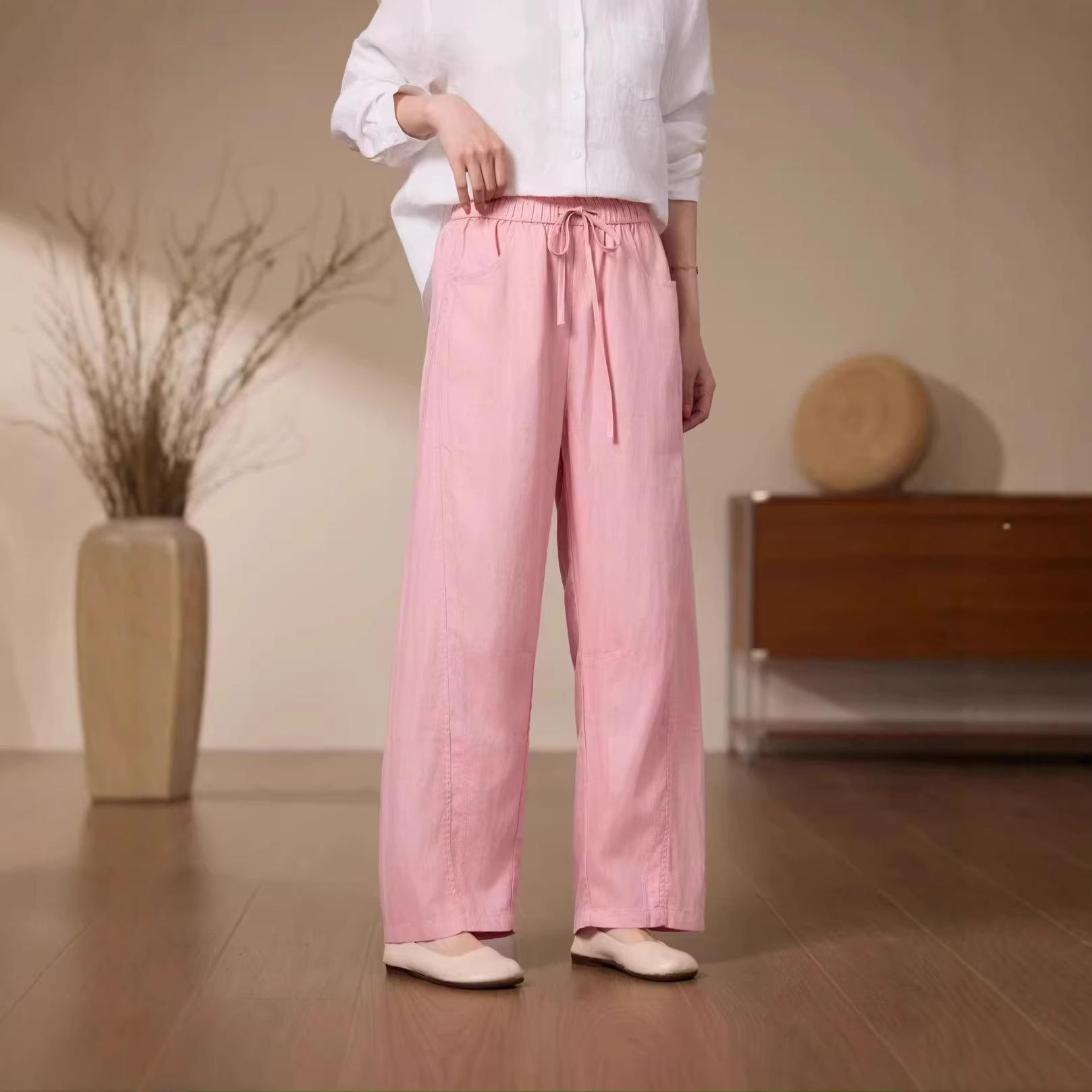 

2026 Artistic Pure Linen Women s Slimming Elastic Waist Drawstring Pants M светло-розовый