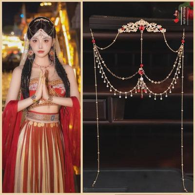 Exotic Red Water Drop Gem Hair Accessory with Leaf Tassel - Ideal for Ancient Chinese Attire, Western Dance, or Travel Photography Headdress