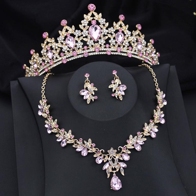 Gorgeous Princess Purple Crystal Bridal Jewelry Sets for Women Tiaras Crown Bride Earrings Wedding Necklace Jewelry Set
